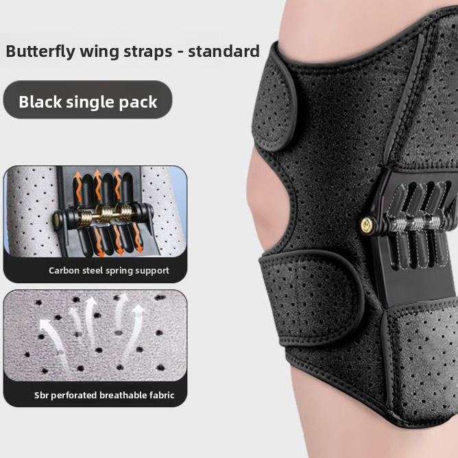 Black knee support brace with butterfly wing straps, shown worn on a person's knee against a light gray background, with feature callout panels and text reading 'Butterfly wing straps - standard' and 'Black single pack'.